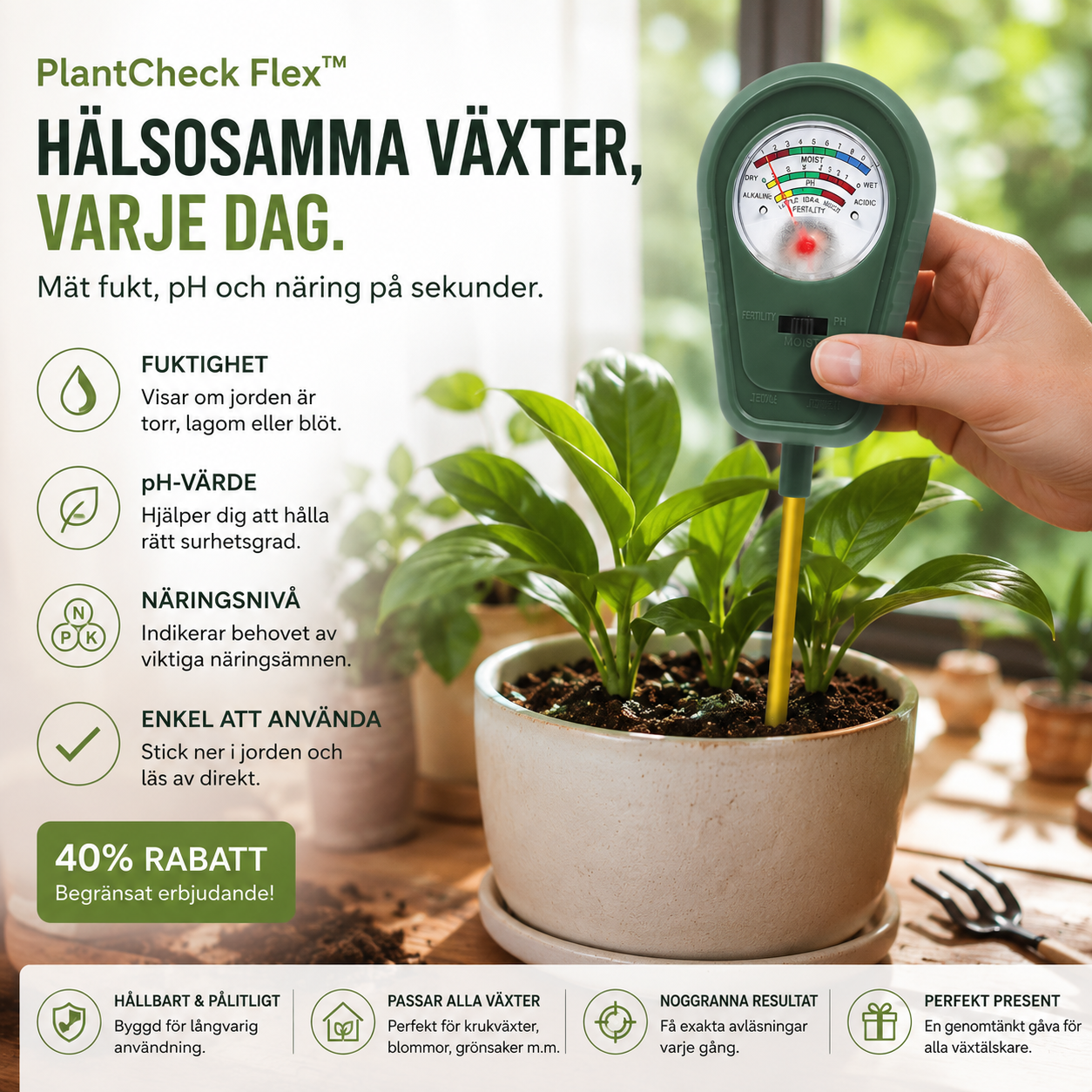 PlantCheck Flex™ Jordmätare – Enkel analys av jordens förutsättningar utan batterier