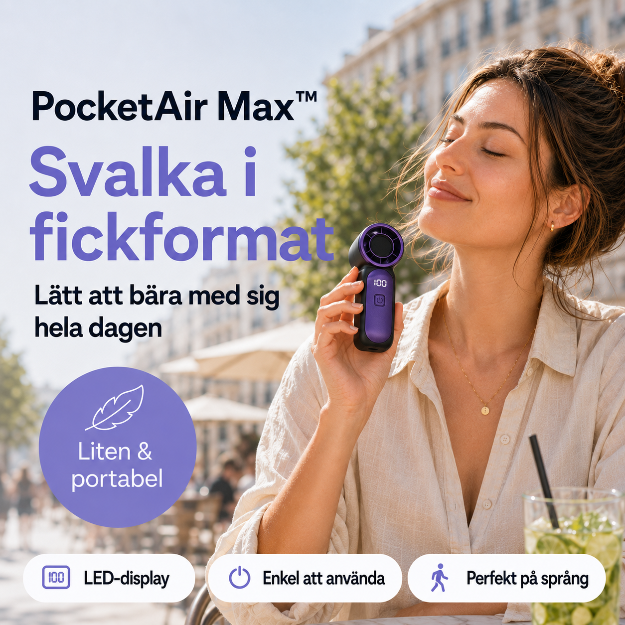 PocketAir Max™ Handfläkt – Uppladdningsbar minifläkt för vardagens varma dagar