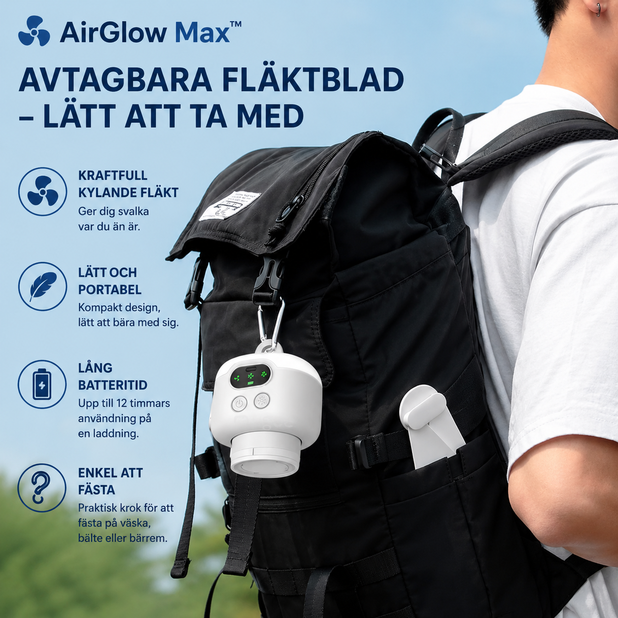 AirGlow Max™ Takfläkt – Uppladdningsbar fläkt med belysning för utomhusbruk