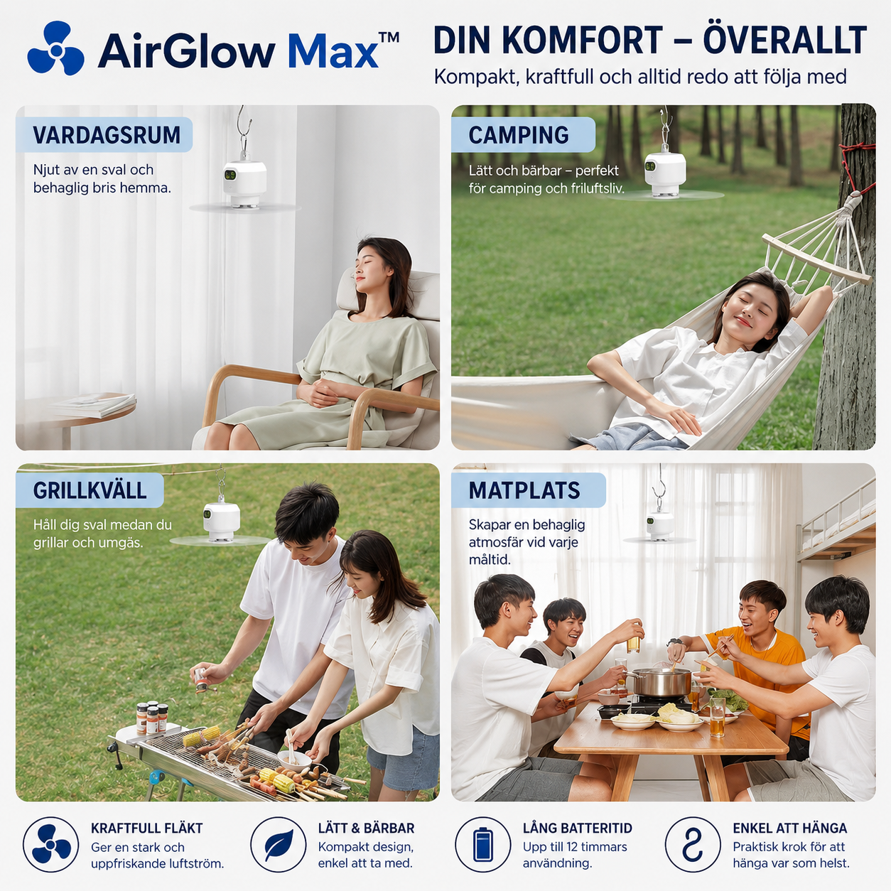 AirGlow Max™ Takfläkt – Uppladdningsbar fläkt med belysning för utomhusbruk