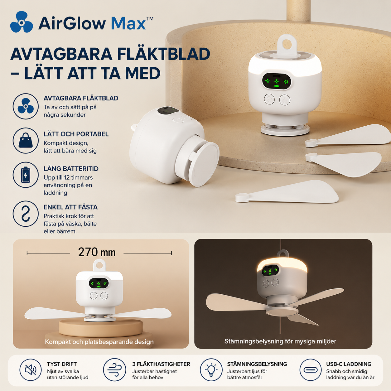 AirGlow Max™ Takfläkt – Uppladdningsbar fläkt med belysning för utomhusbruk