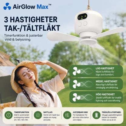 AirGlow Max™ Takfläkt – Uppladdningsbar fläkt med belysning för utomhusbruk