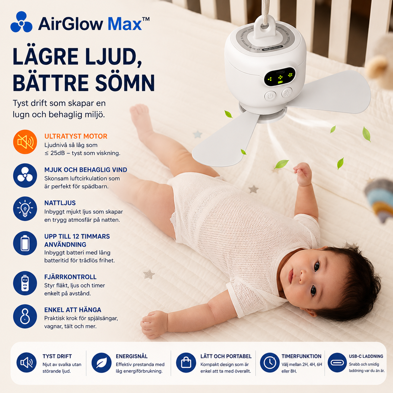 AirGlow Max™ Takfläkt – Uppladdningsbar fläkt med belysning för utomhusbruk