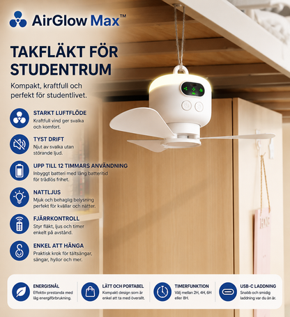 AirGlow Max™ Takfläkt – Uppladdningsbar fläkt med belysning för utomhusbruk