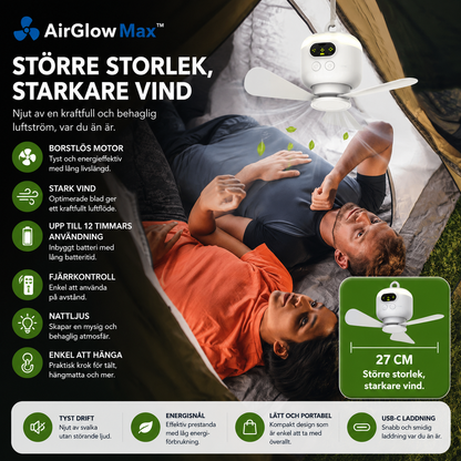 AirGlow Max™ Takfläkt – Uppladdningsbar fläkt med belysning för utomhusbruk
