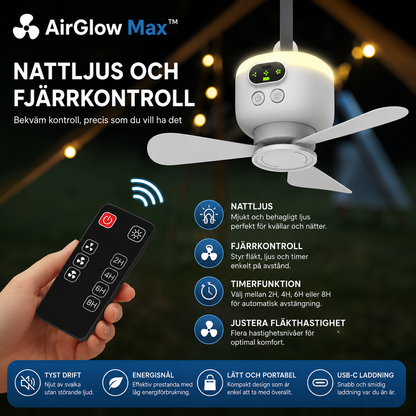 AirGlow Max™ Takfläkt – Uppladdningsbar fläkt med belysning för utomhusbruk