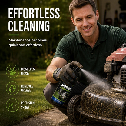 Powerful cleaning and degreasing spray for lawn mowers