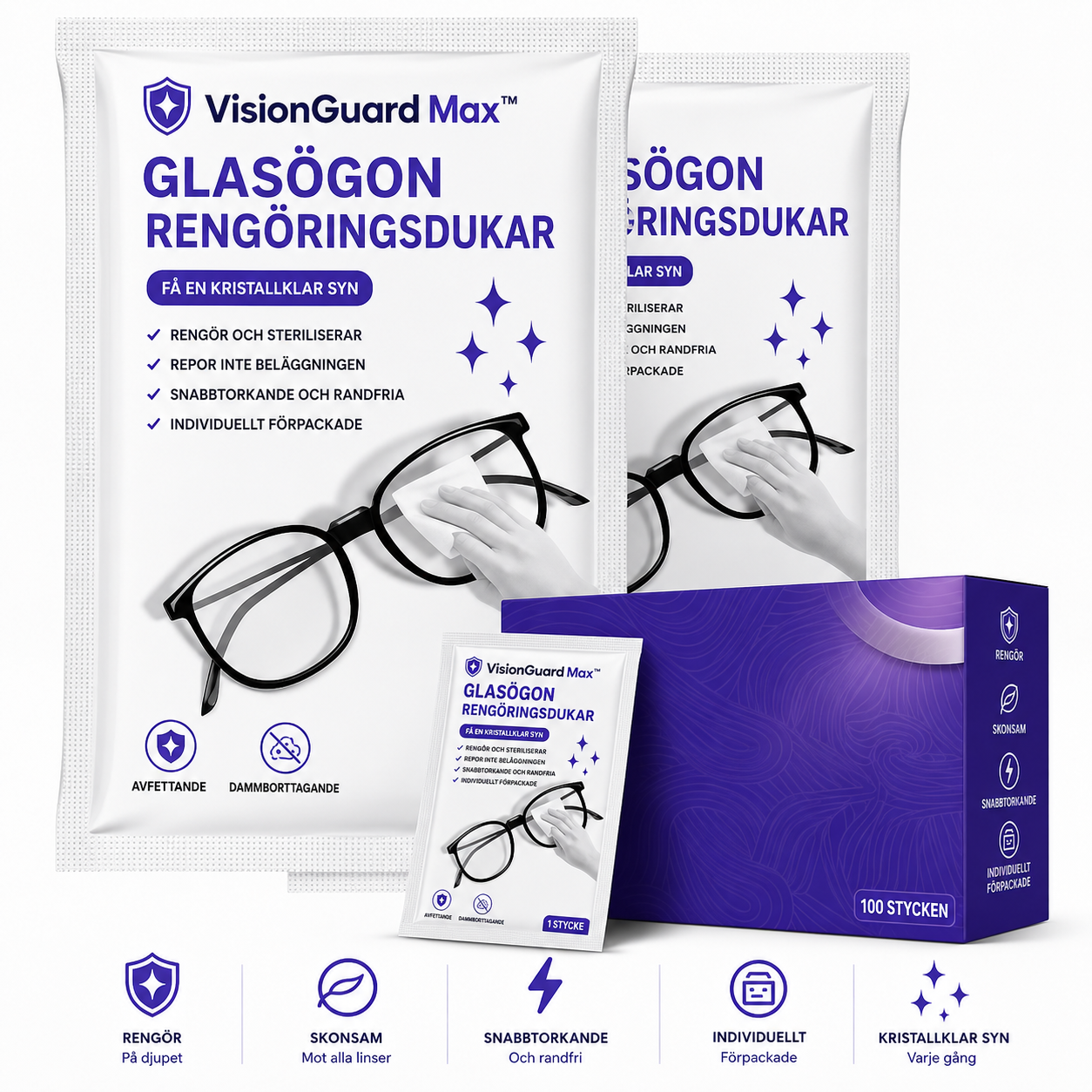 VisionGuard Max™ Glasögonduk – Praktisk anti-imlösning för vardagsbruk (100 stycken)