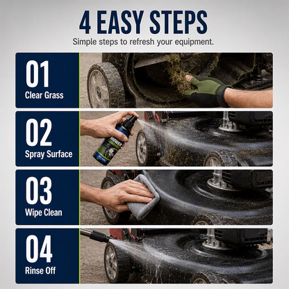 Powerful cleaning and degreasing spray for lawn mowers