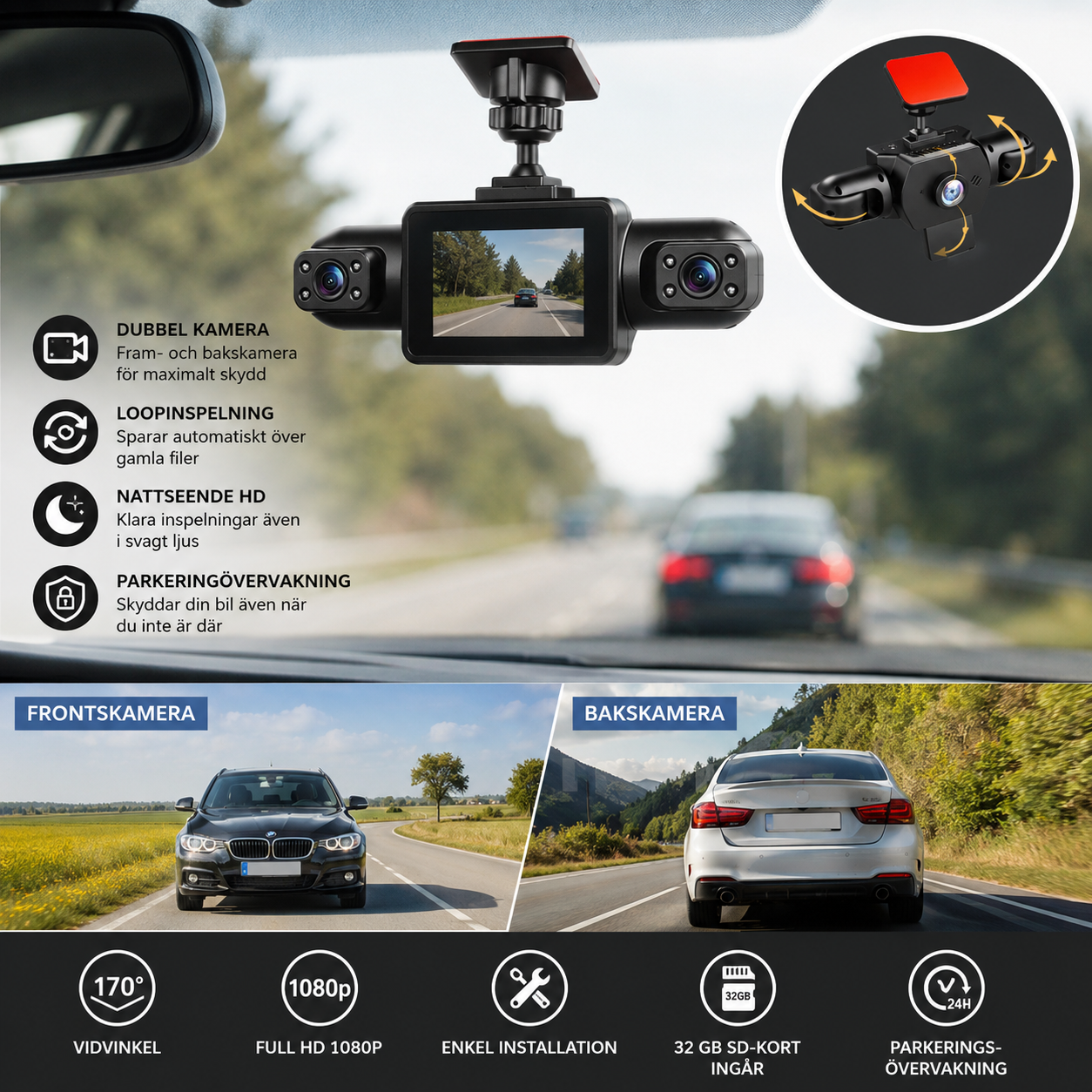 DriveGuard Max™ Dashcam – Full HD-inspelning med flera kameravinklar