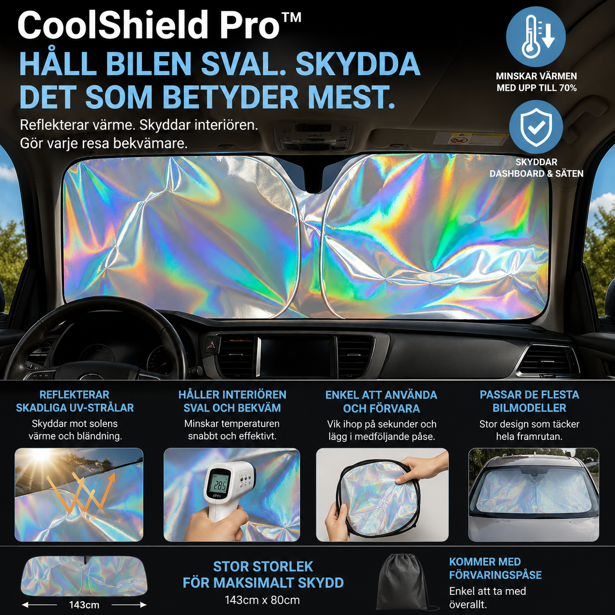 CoolShield Pro™ Solskydd för Vindruta – Håller bilen sval och skyddar interiören