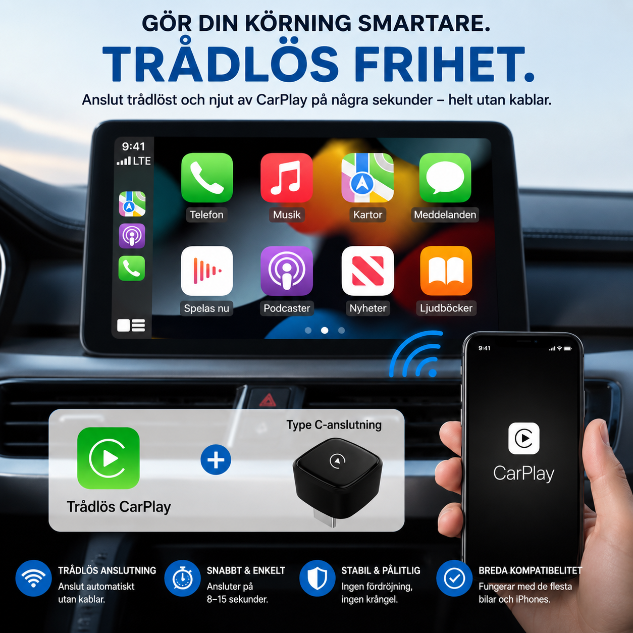 DriveLink Pro™ CarPlay Adapter – Gör Apple CarPlay och Android Auto trådlöst