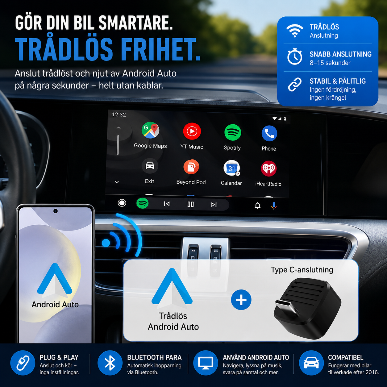 DriveLink Pro™ CarPlay Adapter – Gör Apple CarPlay och Android Auto trådlöst
