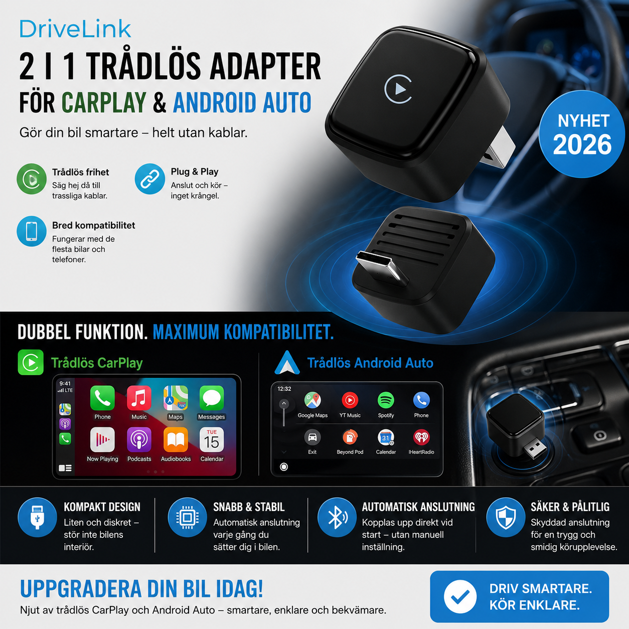 DriveLink Pro™ CarPlay Adapter – Gör Apple CarPlay och Android Auto trådlöst
