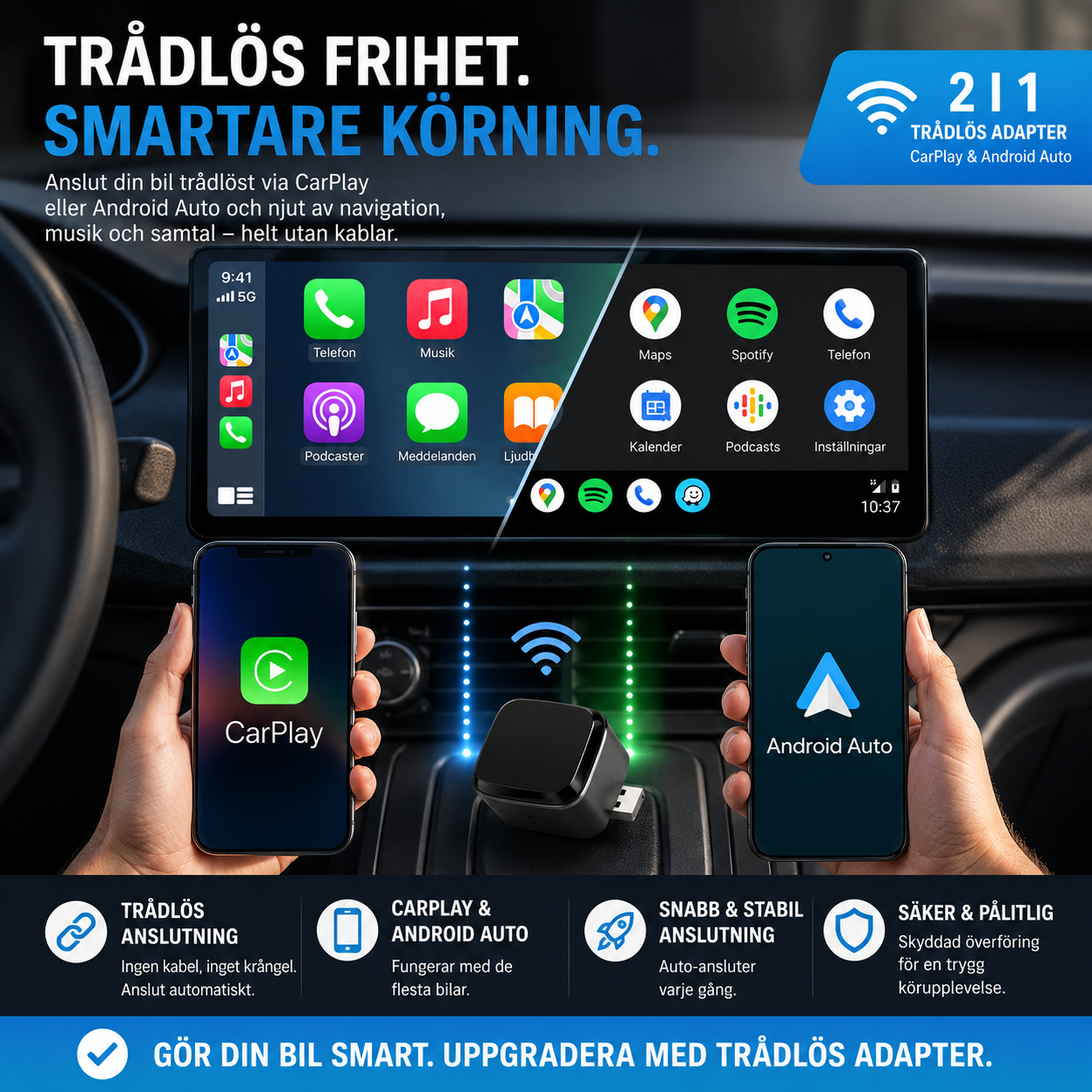 DriveLink Pro™ CarPlay Adapter – Gör Apple CarPlay och Android Auto trådlöst