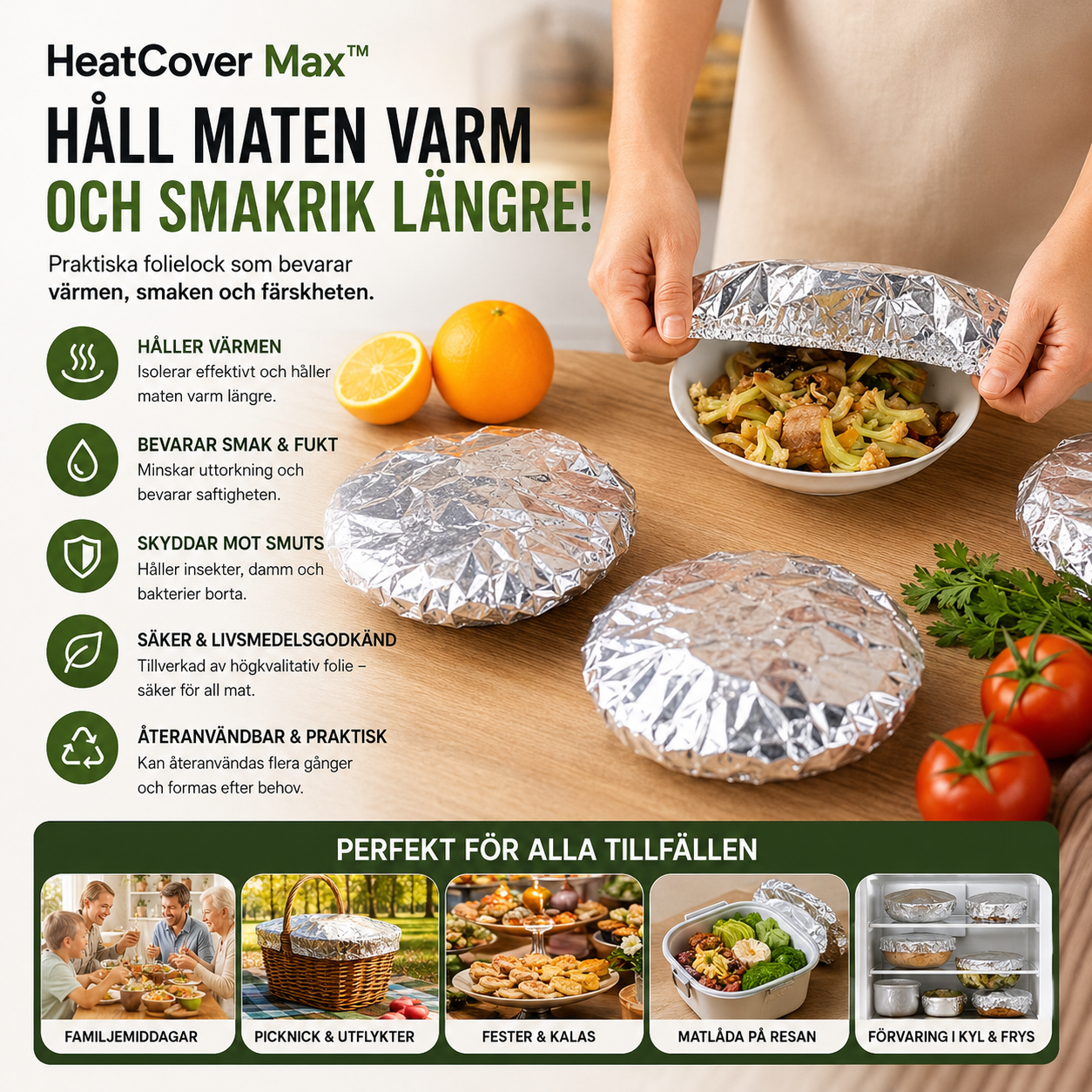 HeatCover Max™ Skålöverdrag (10 stycken) – Återanvändbart skydd för matförvaring och servering