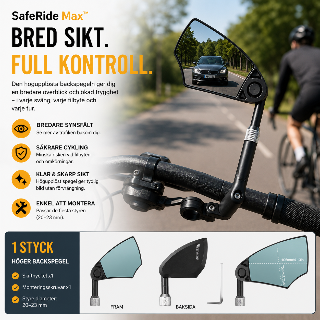 SafeRide Max™ Styrelspegel – Eliminera döda vinklar och cykla säkrare