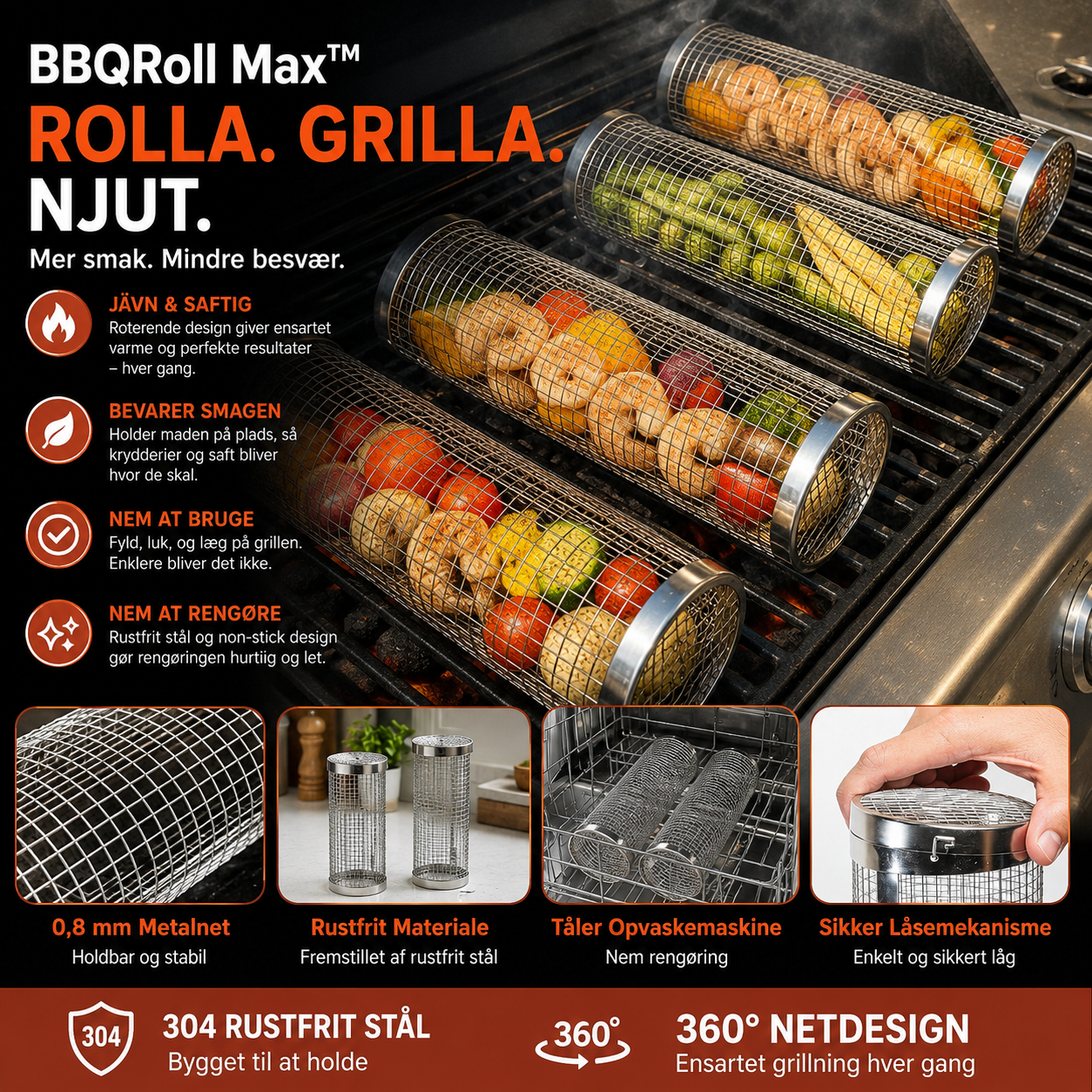 BBQRoll Max™ Grillkorg – Rostfritt stål för jämn grillning utan spill ( 30 X 90 CM)