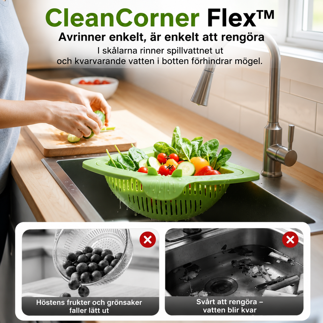 CleanCorner Flex™ Diskbänkssil – Magnetisk hörnförvaring för en prydligare vask
