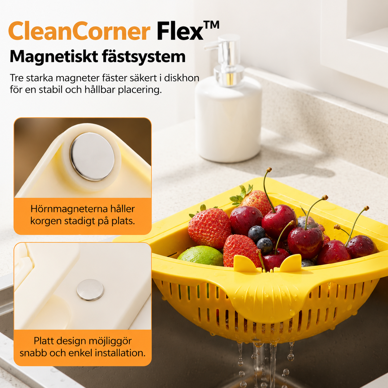 CleanCorner Flex™ Diskbänkssil – Magnetisk hörnförvaring för en prydligare vask
