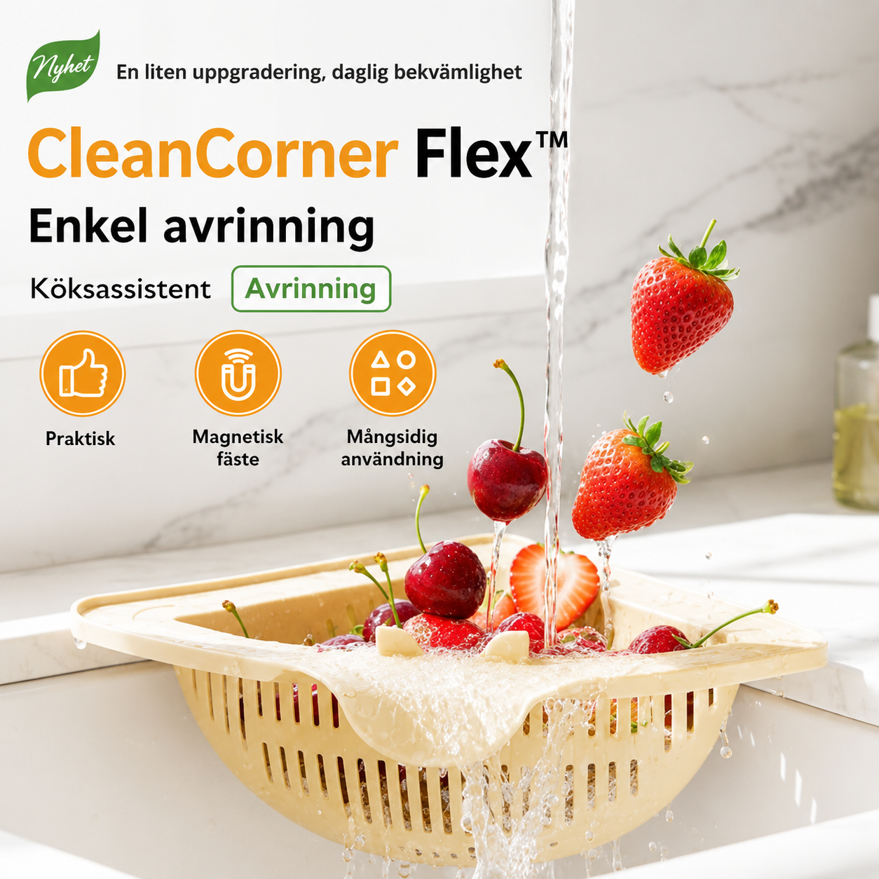 CleanCorner Flex™ Diskbänkssil – Magnetisk hörnförvaring för en prydligare vask