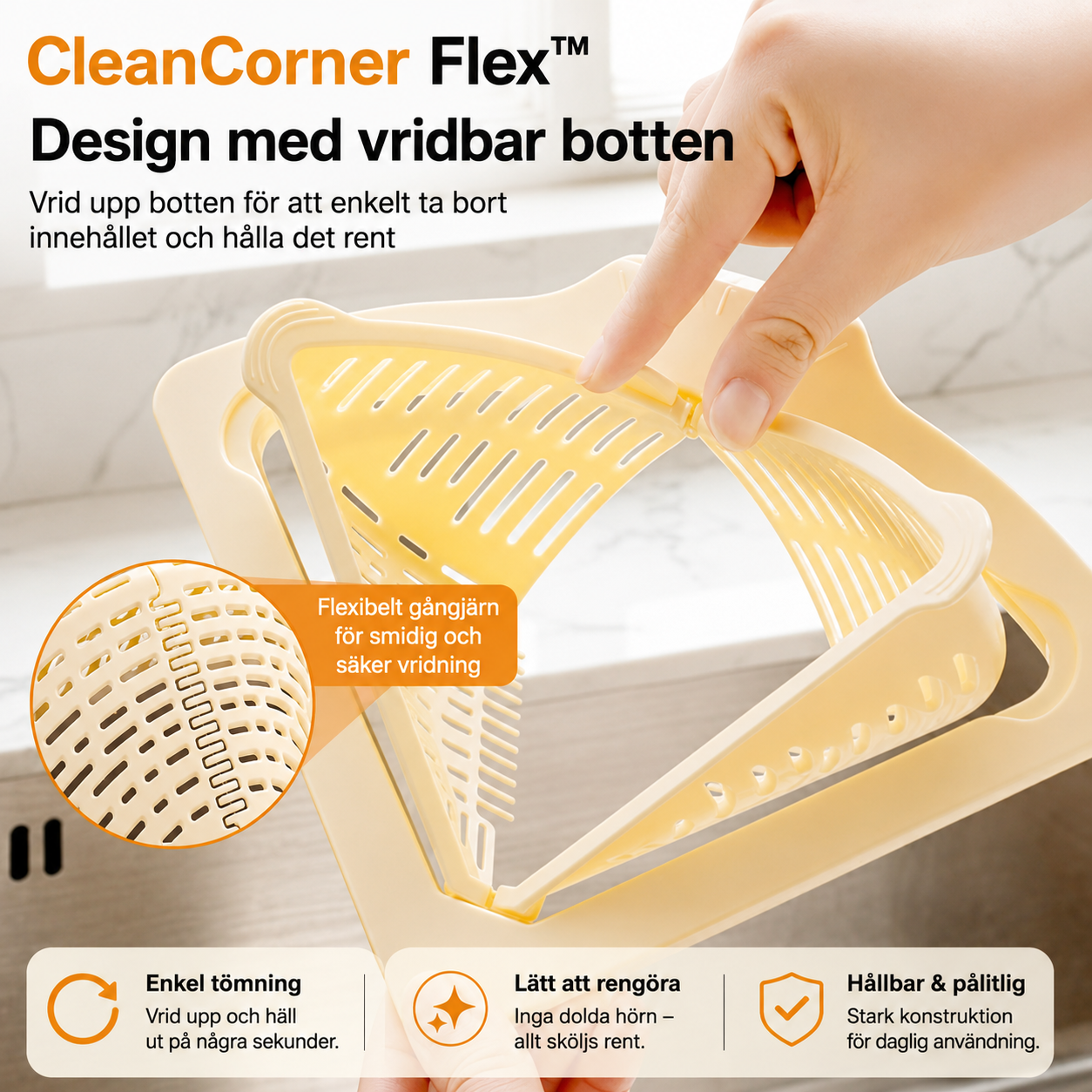 CleanCorner Flex™ Diskbänkssil – Magnetisk hörnförvaring för en prydligare vask