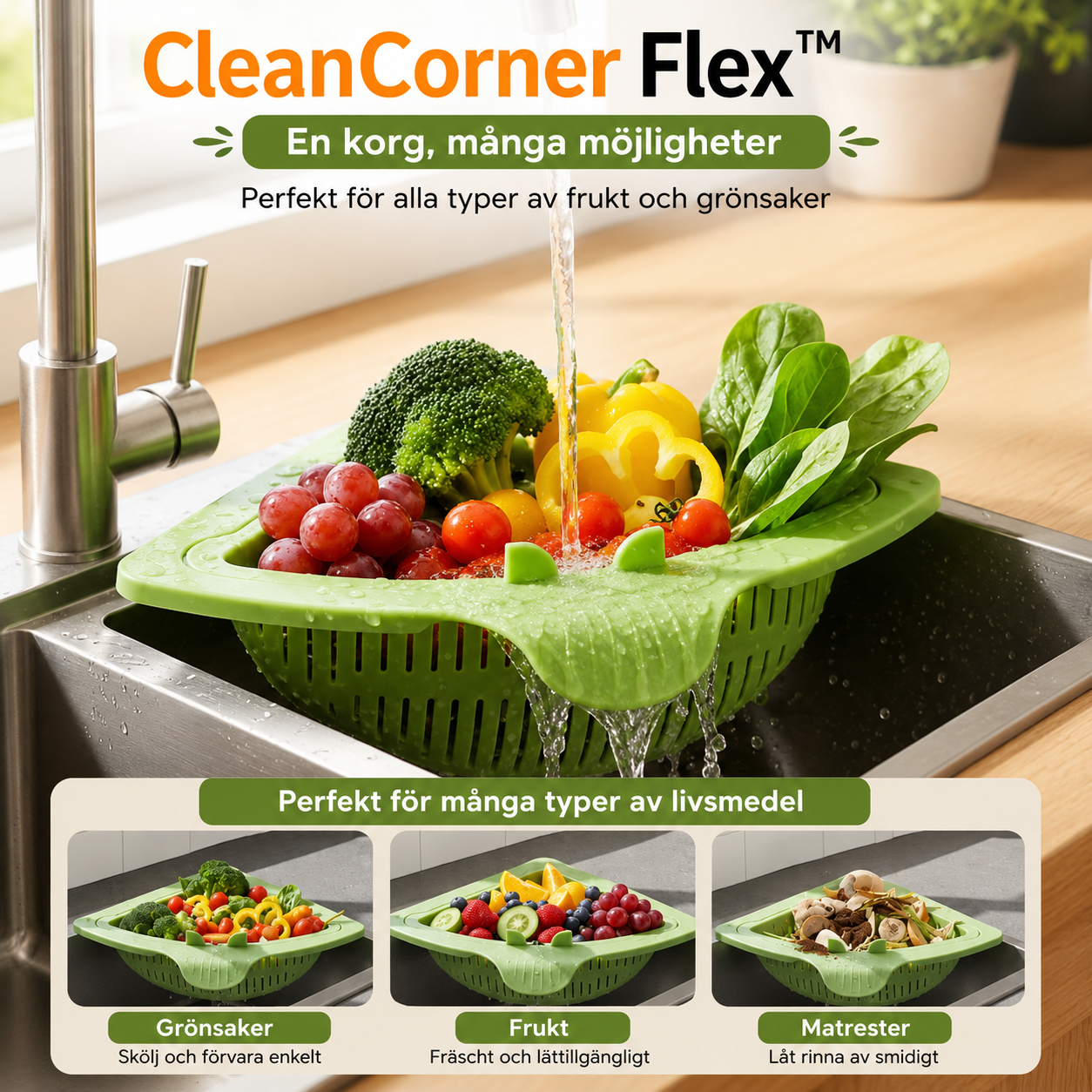 CleanCorner Flex™ Diskbänkssil – Magnetisk hörnförvaring för en prydligare vask