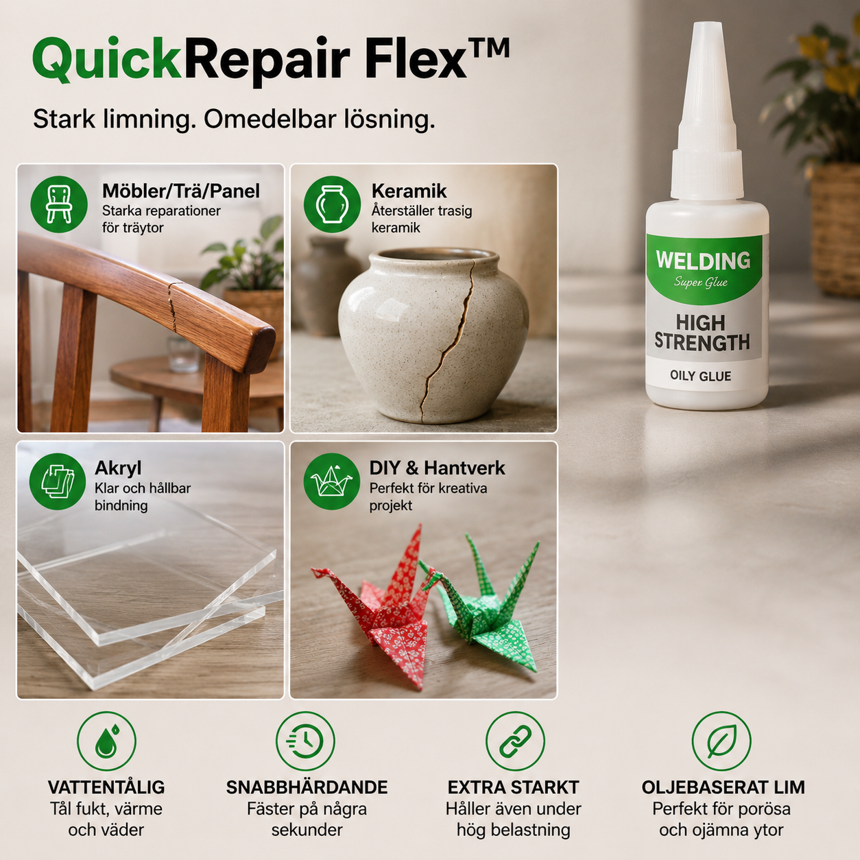 QuickRepair Flex™ Superlim – Snabbtorkande lim för hem, hobby och reparationer