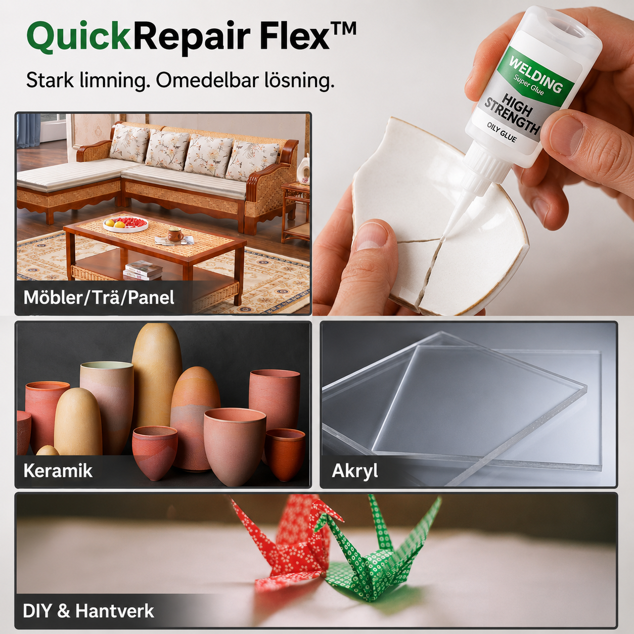 QuickRepair Flex™ Superlim – Snabbtorkande lim för hem, hobby och reparationer