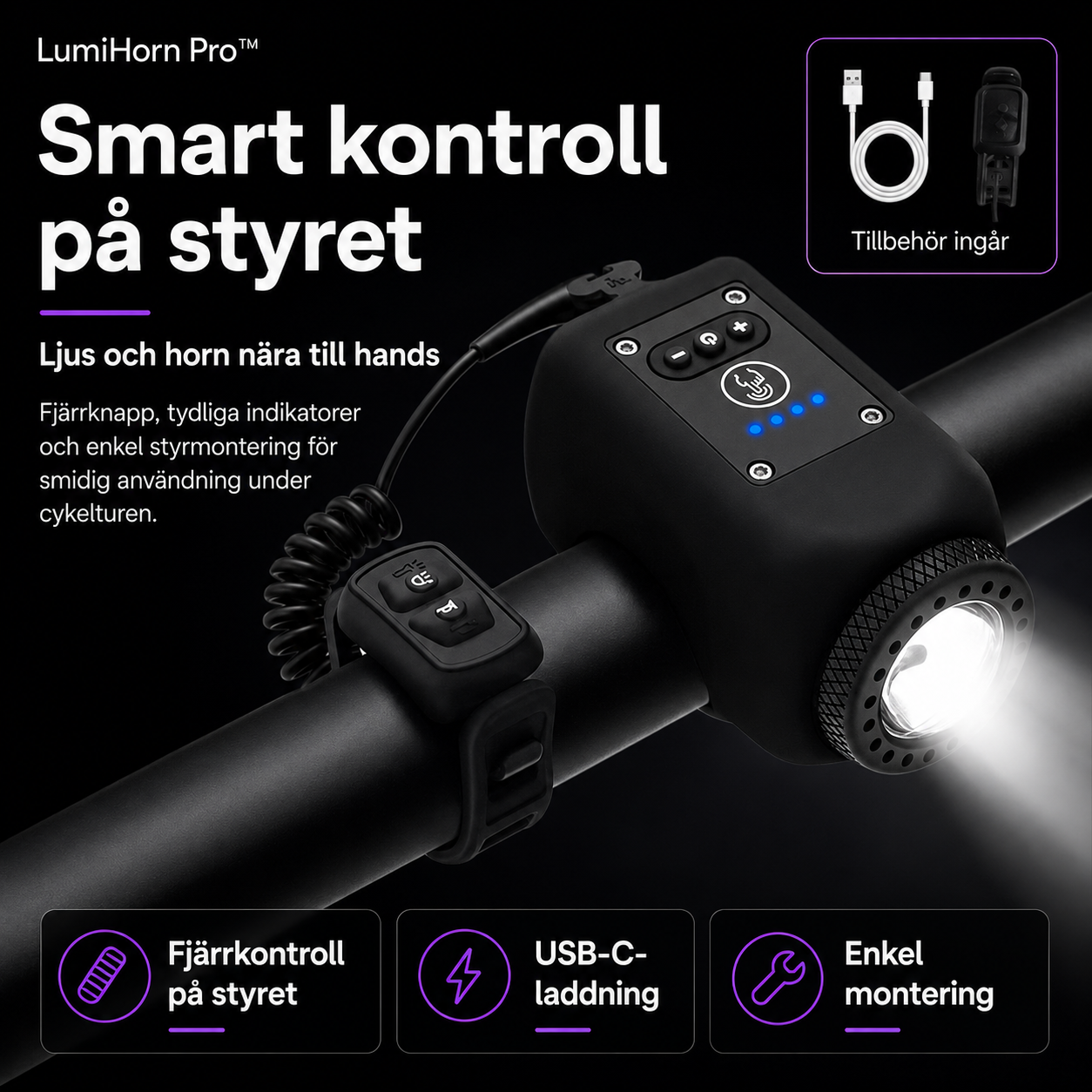 LumiHorn Pro™ Cykellampa med Signalhorn – Belysning och ljudsignal i en enhet
