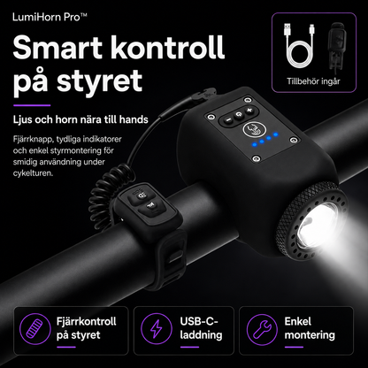LumiHorn Pro™ Cykellampa med Signalhorn – Belysning och ljudsignal i en enhet