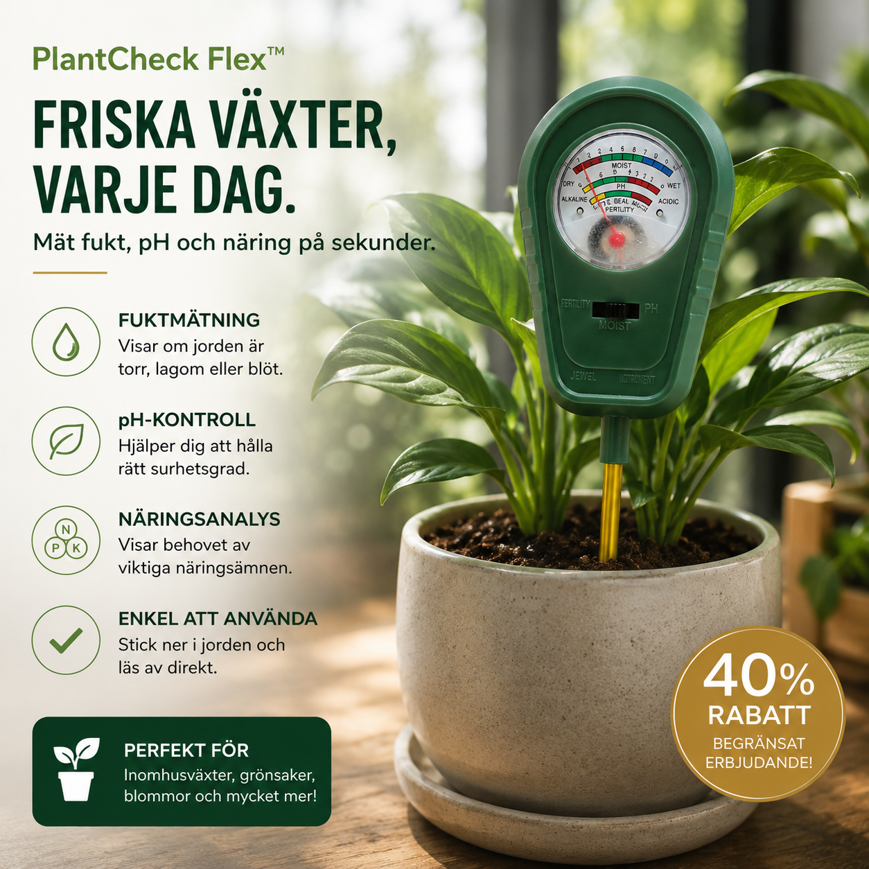PlantCheck Flex™ Jordmätare – Enkel analys av jordens förutsättningar utan batterier