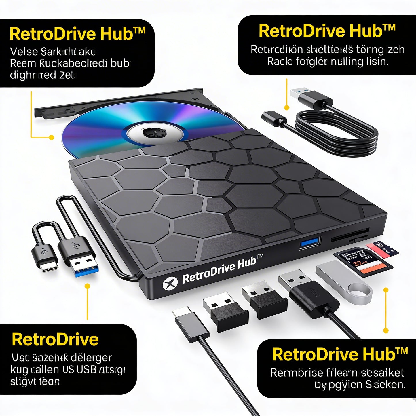 RetroDrive Hub™ USB Skivspelare – Se, läs och anslut mer från en enda enhet