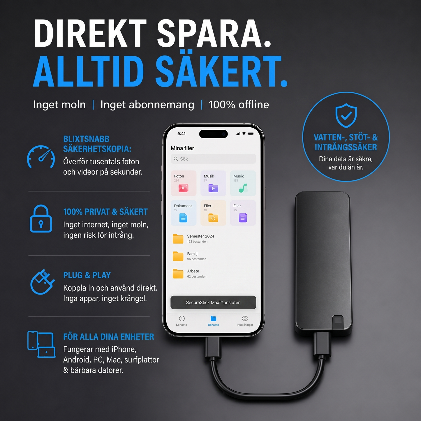 SecureStick Max™ Minneslösning – Snabb backup för mobil, surfplatta och dator