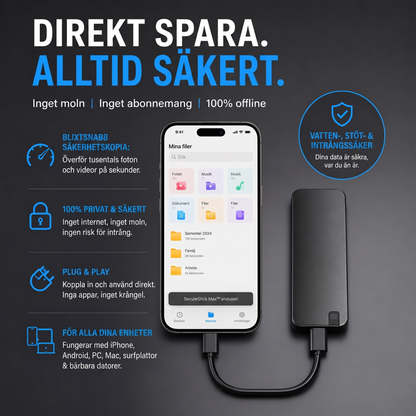 SecureStick Max™ Minneslösning – Snabb backup för mobil, surfplatta och dator