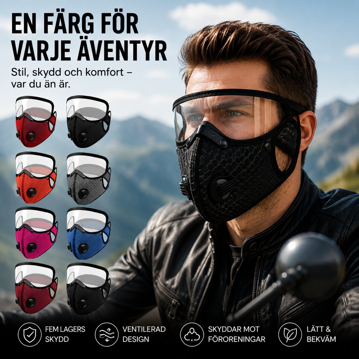 MotoShield Pro™ Motorcykelmask – Vindskydd med integrerade skyddsglasögon