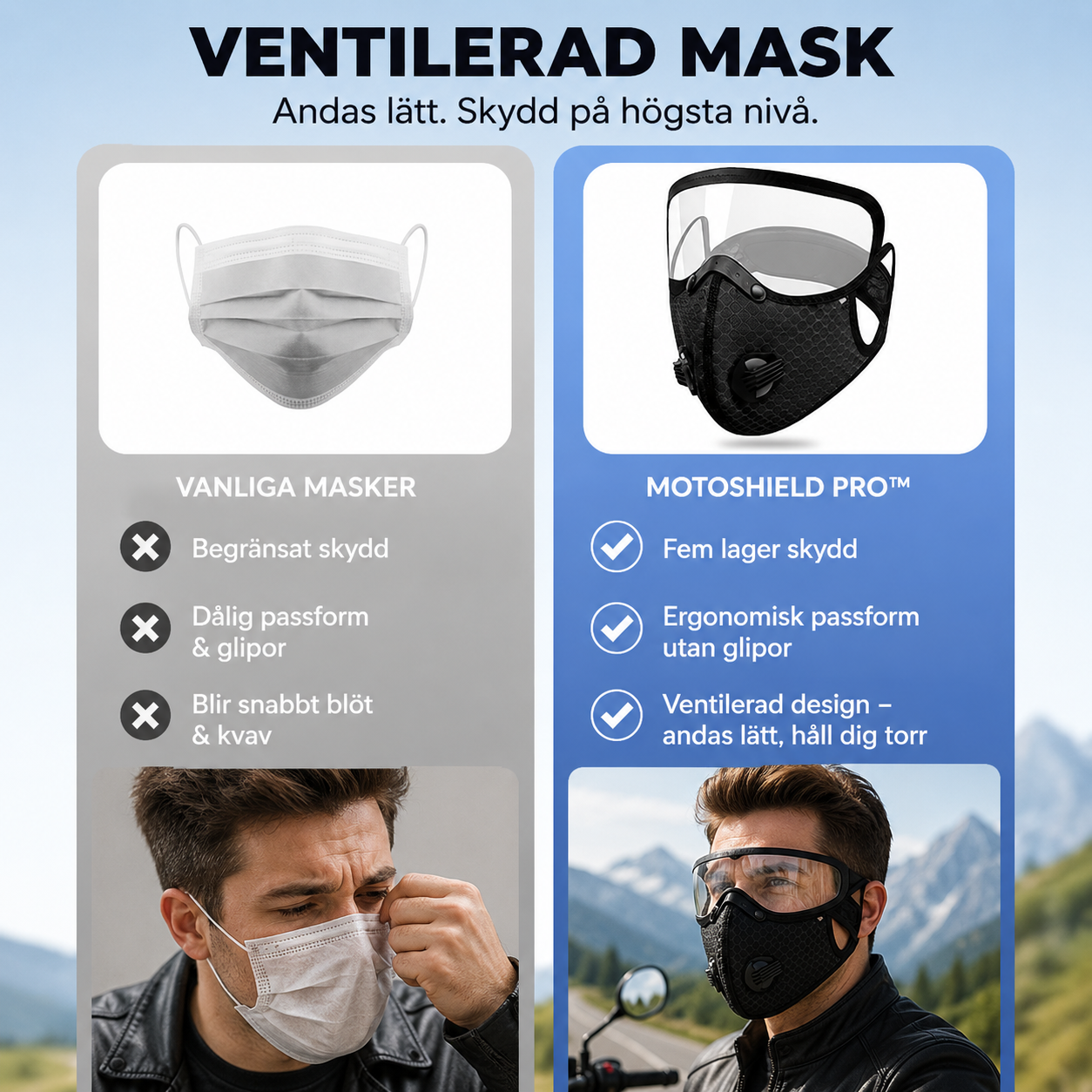 MotoShield Pro™ Motorcykelmask – Vindskydd med integrerade skyddsglasögon